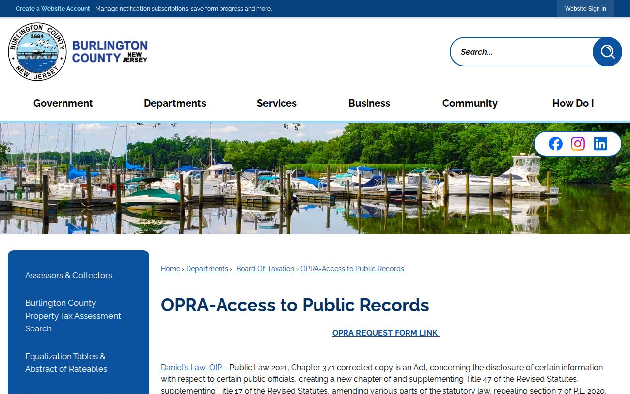 Burlington County booking record OPRA request page